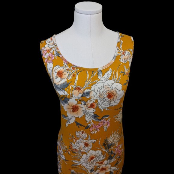 Womens Yellow Cottagecore Maxi Dress White Floral Sleeveless Summer Bodycon Sz L - Picture 3 of 9
